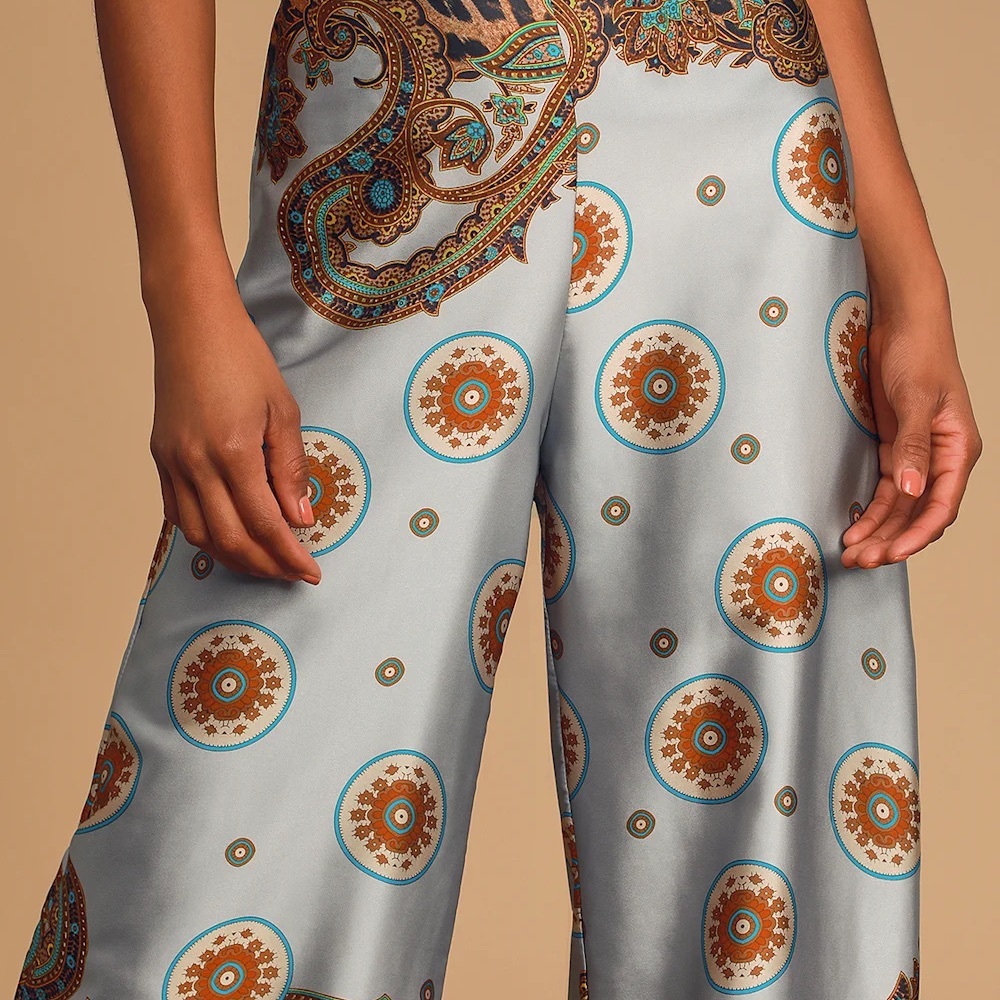Island Getaway Blue Multi Scarf Print Satin Wide-Leg Pants - Picture 2 of 7